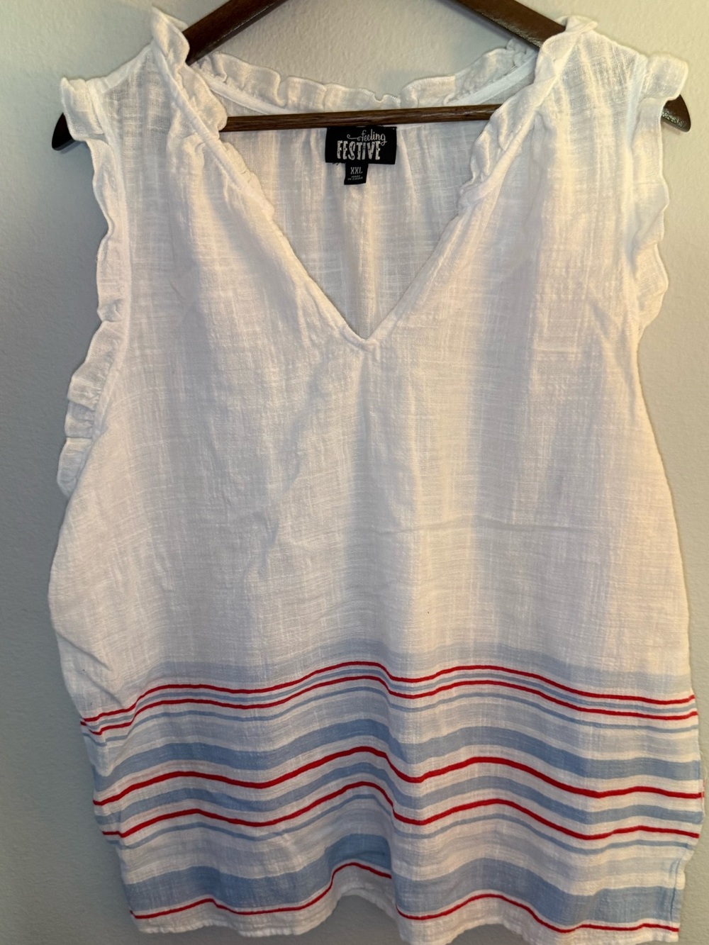 White V-Neck Sleeveless Blouse with Red & Blue Stripe Hem - Picture 1 of 5
